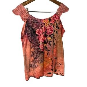 7 wonders colorful full graphic floral lace and rhinestone t shirt womens 2XL